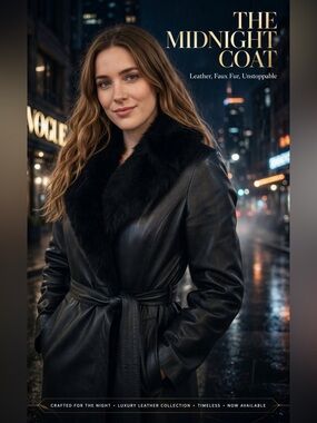 Pelle Black Leather Trench Coat with Fur Collar Size Small